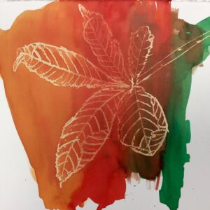 Leaf created with wax crayons and Brush ink with Rosie James