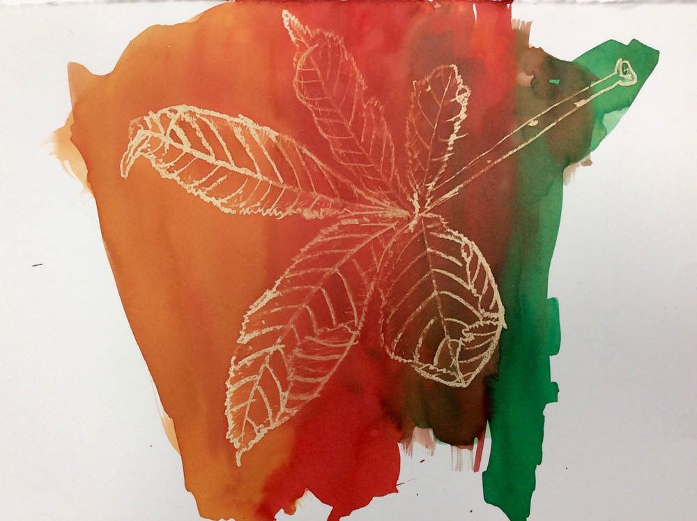 Leaf created with wax crayons and Brush ink with Rosie James