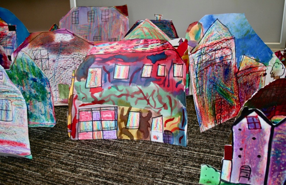 Collection of Inky, waxy houses by pupils of Berry Hill Primary School