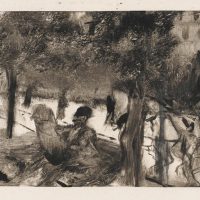 "L'Avenue du Bois"  - The Avenue of Trees in the Bois du Boulogne, by Degas, Edgar; French artist, 1834-1917; Black carbon ink on India paper, height 118mm, width 161mm, circa 1880.