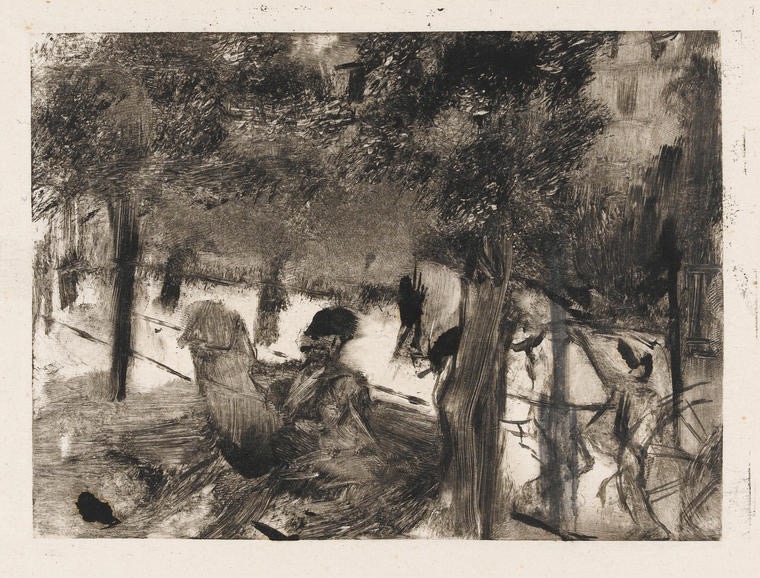 "L'Avenue du Bois" by Degas, Edgar; French artist, 1834-1917; Black carbon ink on India paper, height 118mm, width 161mm, circa 1880.