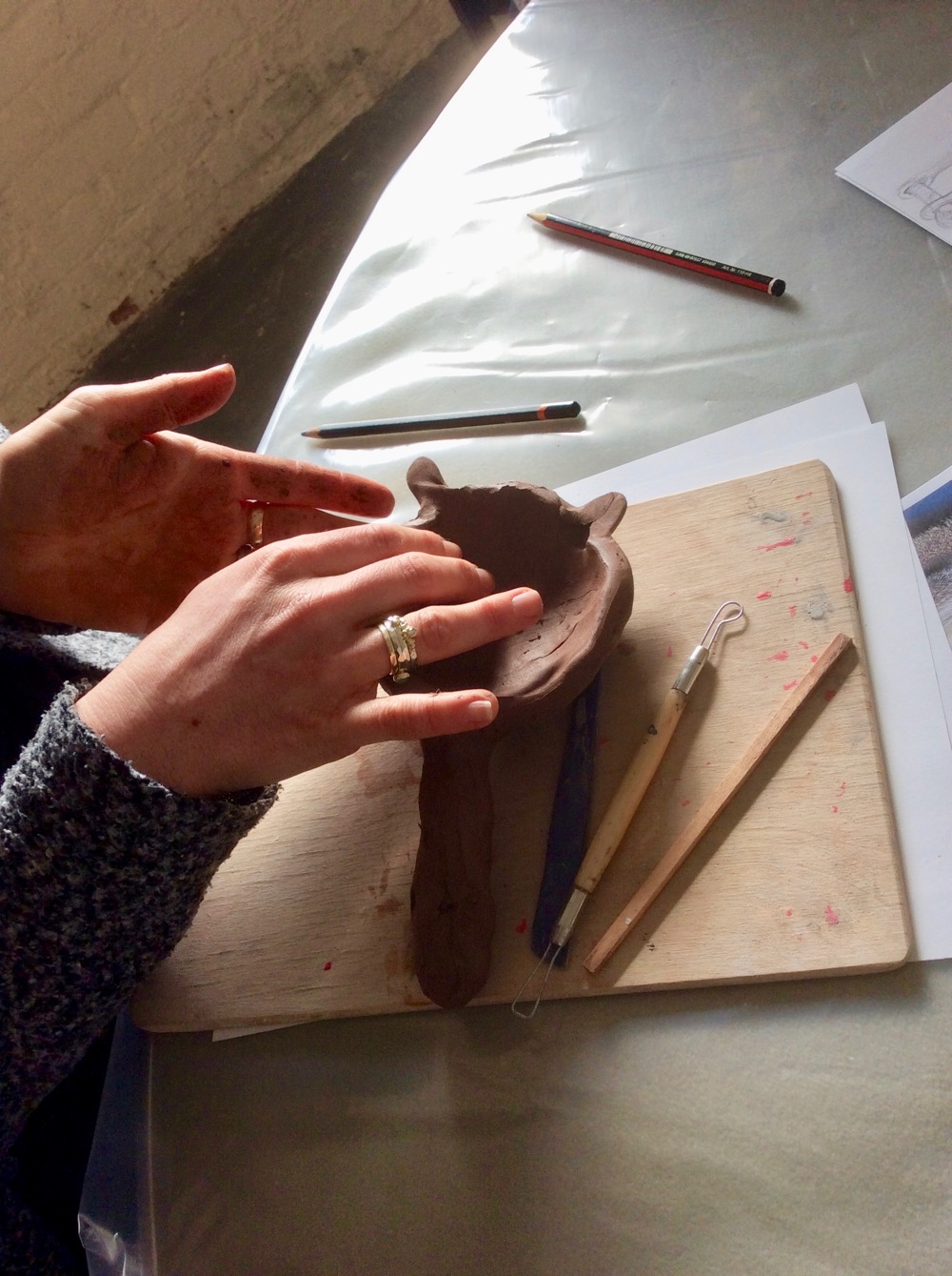 A tea strainer! making through feel in clay - Linda Green