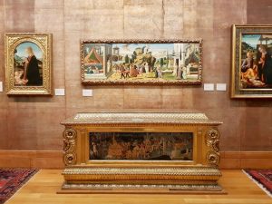 Jacopo del Sellaio's Cupid and Psyche painting at the Fitzwilliam Museum, Cambridge and a gilded 'Cassone' or wedding chest and panel