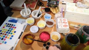 Selection of powder paints and ground charcoal and chalk to mimic the Renaissance palette