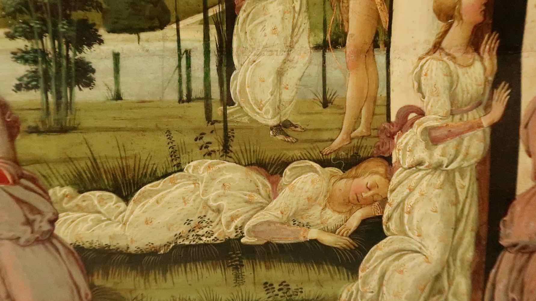 Psyche lands on a soft bower - a detail in a painting by Del Sellaio of Cupid and Psyche painted in 1473