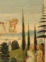 Psyche is blown off the hill by Zephyrus the wind - a detail in a painting by Del Sellaio of Cupid and Psyche painted in 1473