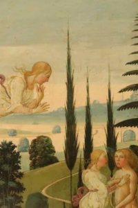 Psyche is blown off the hill by Zephyrus the wind - a detail in a painting by Del Sellaio of Cupid and Psyche painted in 1473