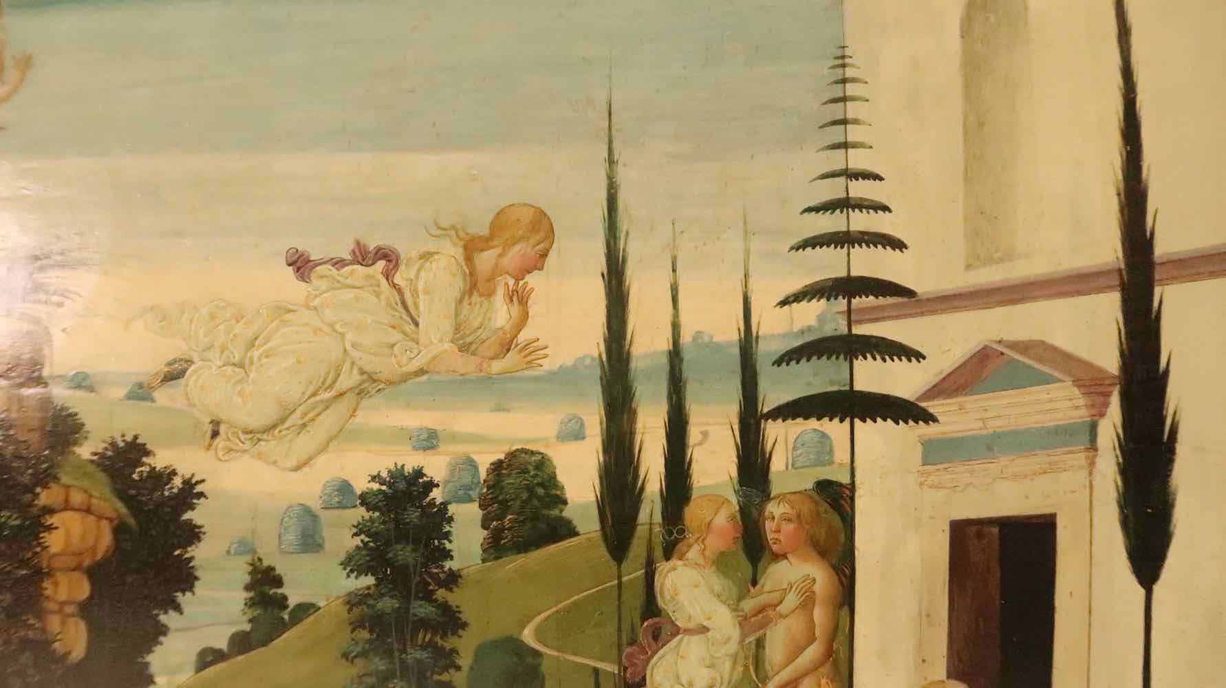 Psyche is blown off the hill by Zephyrus the wind - a detail in a painting by Del Sellaio of Cupid and Psyche painted in 1473