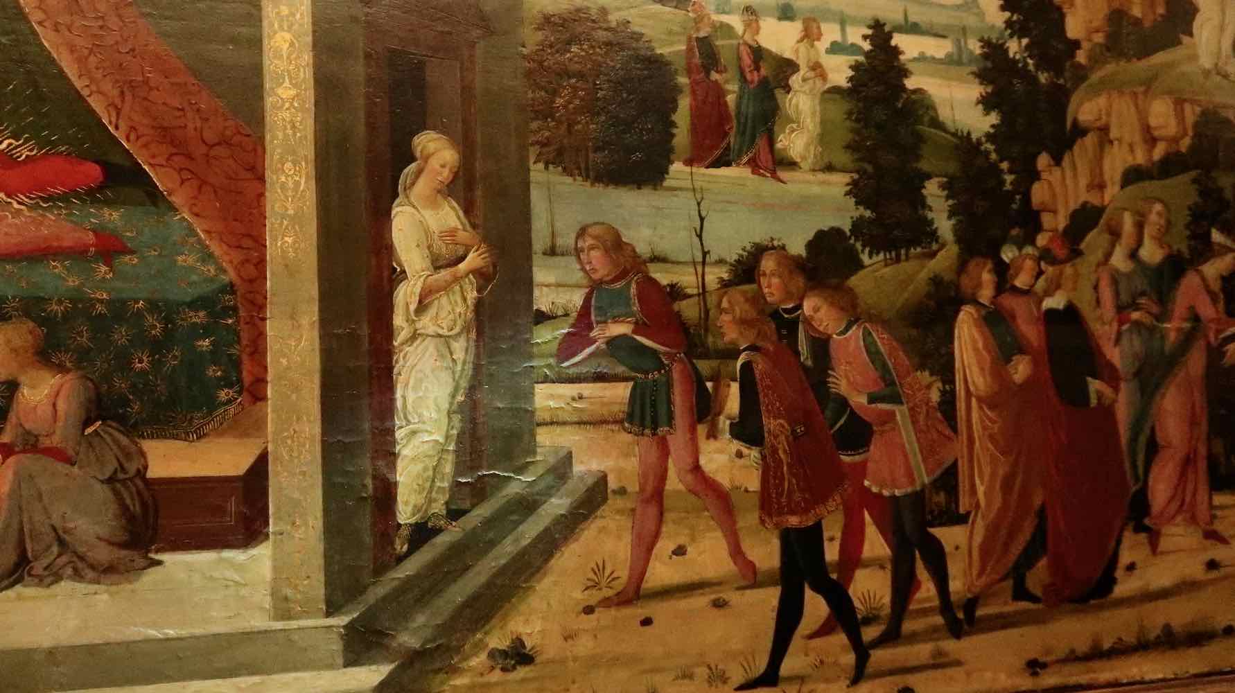 Young Psyche with her courtiers when Cupid first sets eyes on her - a close up of Del Sellaio's Cupid and Psyche painted in 1473 in the Fitzwilliam Museum, Cambridge