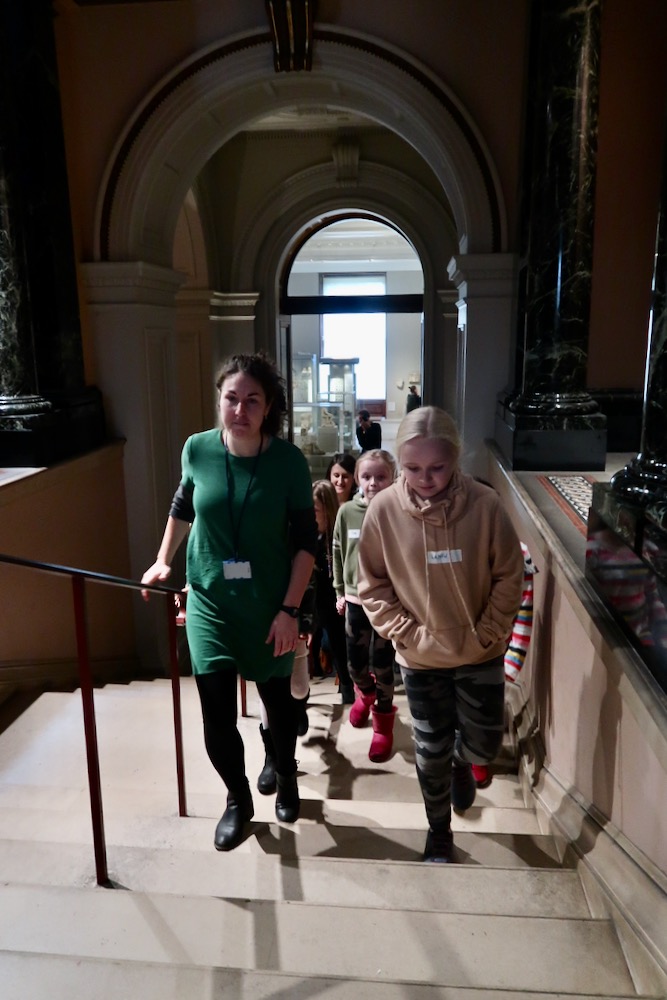 Pupils arrive at the Fitzwilliam Museum, Cambridge and are greeted by education officer Holly Morrison