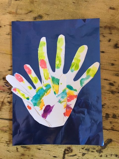 place hands in a waving position onto backing card
