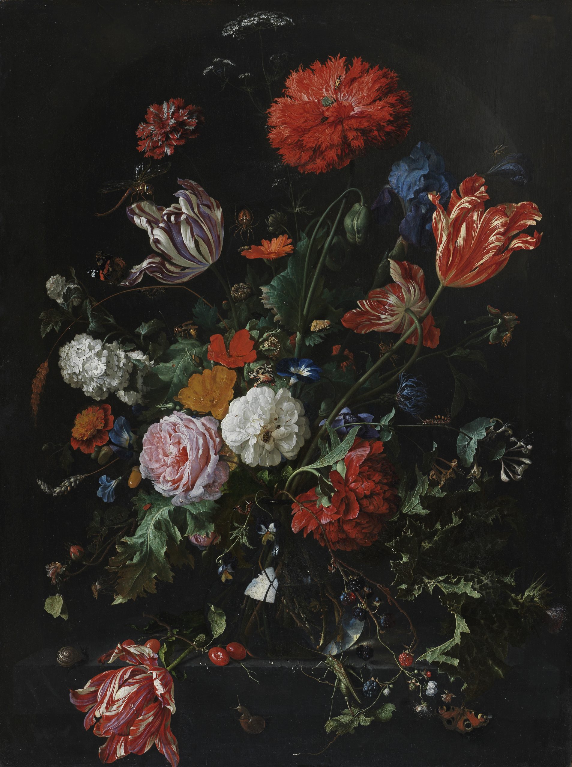 Flowers in a Glass Vase by Jan Davidsz. de Heem, (Dutch, 1606-1683/4). Oil on panel, height 93.2 cm, width 69.6 cm. Dutch/Flemish School (c) The Fitzwilliam Museum, Cambridge