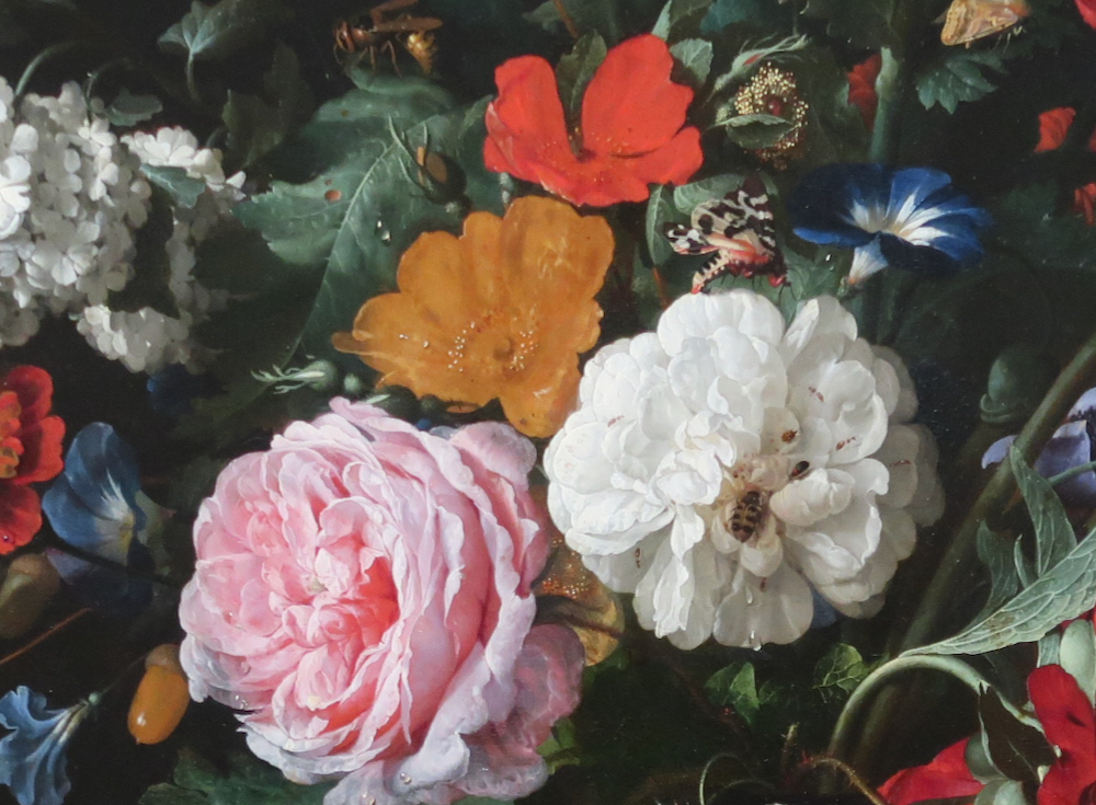 Close up of Flowers in a glass vase by Dutch painter Jan Davidsz. de Heem, 1606-1684, Oil on wooden panel, height 93.2 cm x width 69.6 cm - from the Fitzwilliam Museum, Cambridge