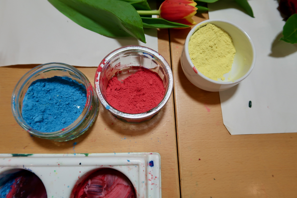 Primary Colours, blue, red and yellow in powder paint at the Fitzwilliam Museum, Cambridge