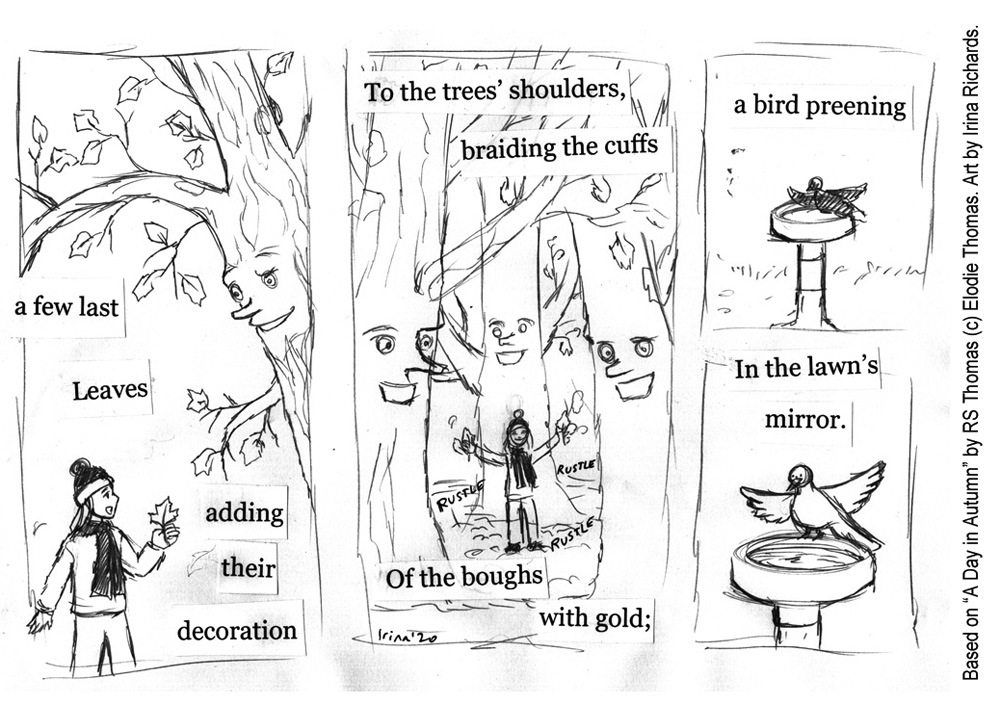 Sketched page 2. Based on the poem "A Day in Autumn" by RS Thomas (c) Elodie Thomas. Art by Irina Richards.