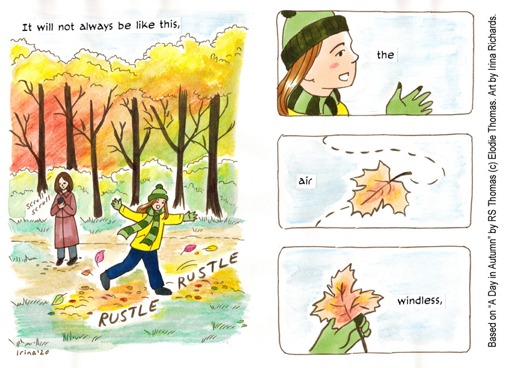 Finished page 1. Based on the poem "A Day in Autumn" by RS Thomas (c) Elodie Thomas. Art by Irina Richards.