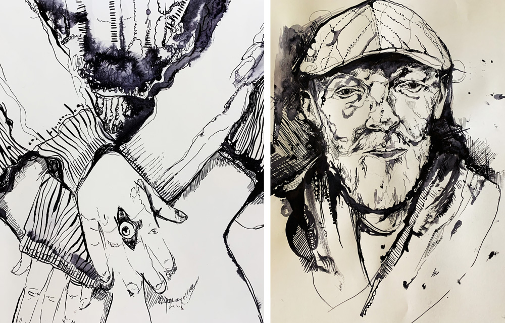 Students' ink portrait and hand drawing by Stephanie Cubbin