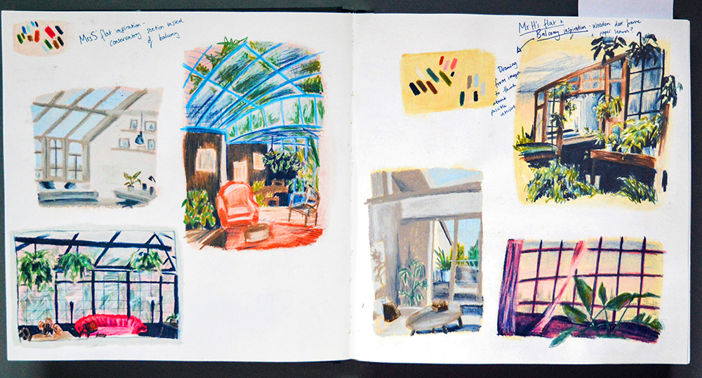 Sketchbook Page of Room Compositions on Colour by Rosie Hurley