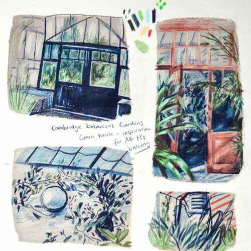 Sketchbook Page of Greenhouse Compositions by Rosie Hurley