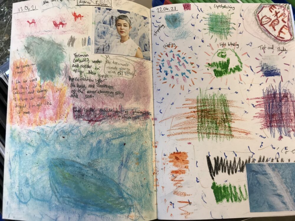 An open page spread of a child's sketchbook