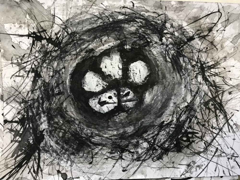 A nest drawing using ink and oil pastel