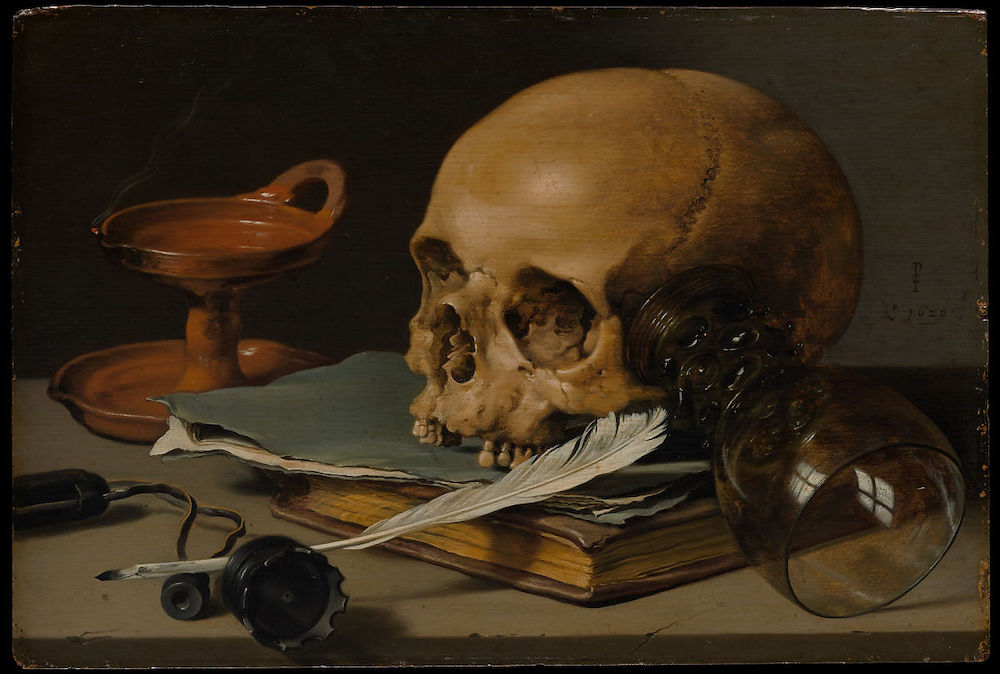 Still Life with a Skull and a Writing Quill Artist: Pieter Claesz (Dutch, Berchem? 1596/97–1660 Haarlem) Date: 1628 Medium: Oil on wood Dimensions: 9 1/2 x 14 1/8 in. (24.1 x 35.9 cm) Classification: Paintings Credit Line: Rogers Fund, 1949 Accession Number: 49.107