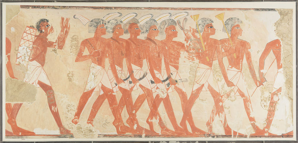 Military Musicians Showing Nubian and Egyptian Styles Artist: Nina de Garis Davies (1881–1965) Dynasty 18 Reign: reign of Thutmose IV Date: ca. 1400–1390 B.C.