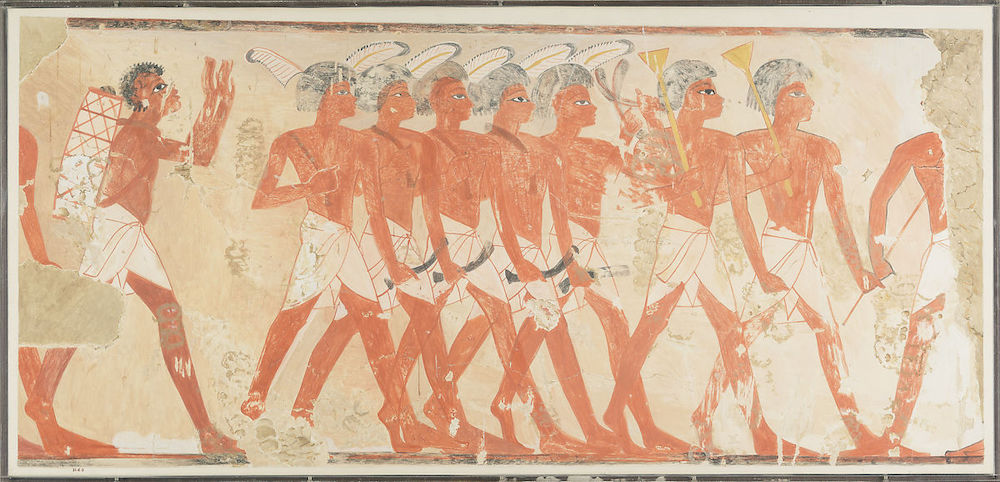 Military Musicians Showing Nubian and Egyptian Styles Artist: Nina de Garis Davies (1881–1965) Dynasty 18 Reign: reign of Thutmose IV Date: ca. 1400–1390 B.C. Military Musicians Showing Nubian and Egyptian Styles Artist: Nina de Garis Davies (1881–1965) Dynasty 18 Reign: reign of Thutmose IV Date: ca. 1400–1390 B.C.
