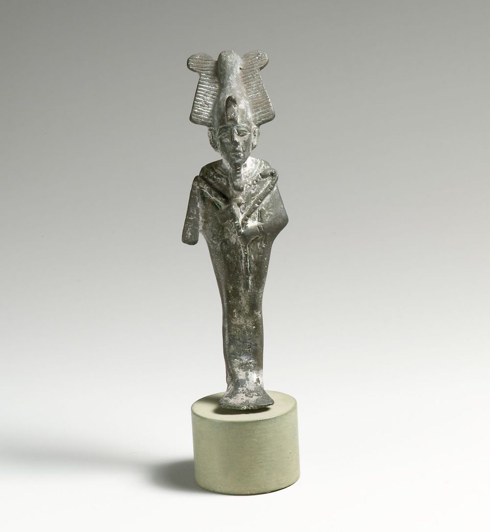 Bronze statuette of Osiris Period: Late Dynastic-Hellenistic Date: 664–31 B.C. Culture: Egyptian Medium: Bronze Dimensions: H. 4 1/2 in. (11.4 cm) Classification: Bronzes Credit Line: The Cesnola Collection, Purchased by subscription, 1874–76