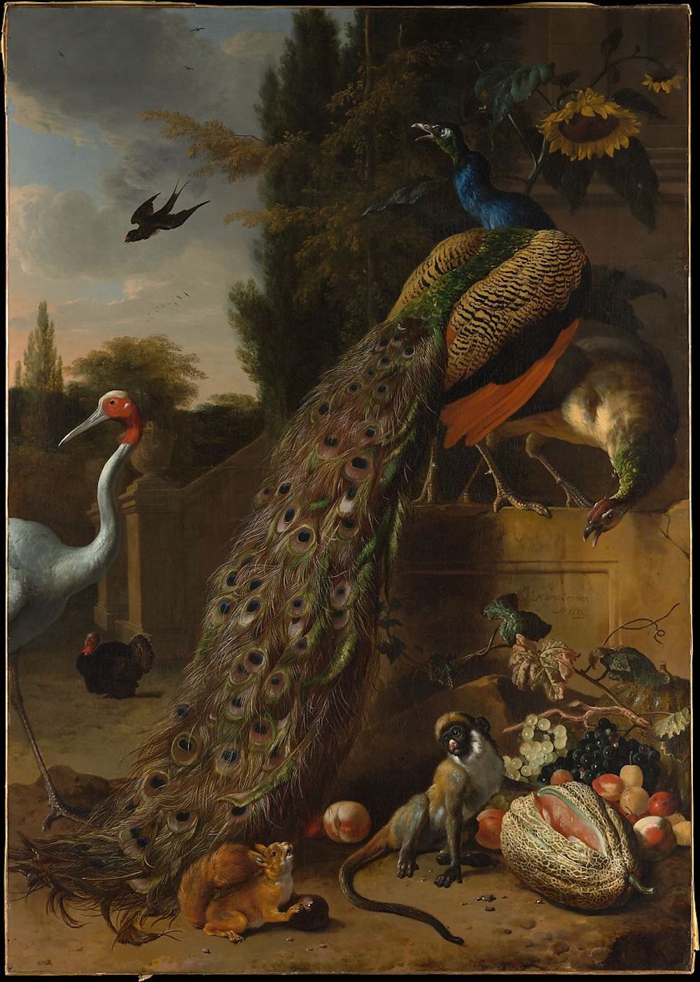 Peacocks Artist: Melchior d' Hondecoeter (Dutch, Utrecht 1636–1695 Amsterdam) Date: 1683 Medium: Oil on canvas Dimensions: 74 7/8 x 53 in. (190.2 x 134.6 cm) Classification: Paintings Credit Line: Gift of Samuel H. Kress, 1927 Accession Number: 27.250.1