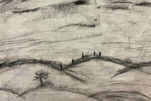 Using charcoal to create landscapes inspired by the foreboding opening setting of Macbeth. 