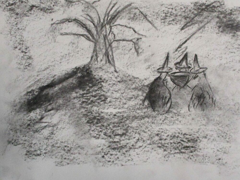 Using charcoal to draw figures and trees.