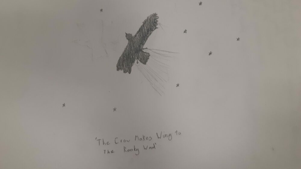 A sketch of a black raven inspired by Macbeth.