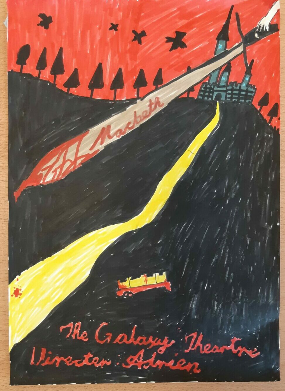 A black, red and yellow illustrative poster for Macbeth