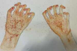 A closer look at Lady Macbeth's descent into madness. Using water colour paints to depict bloody hands!