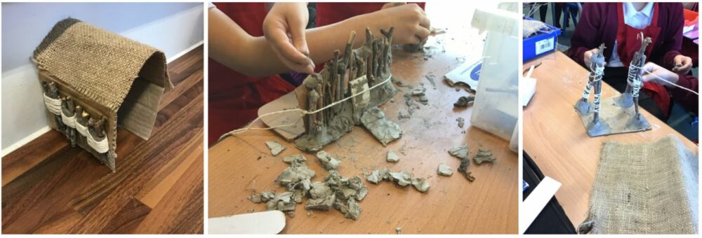Using clay and twigs to sculpt huts.