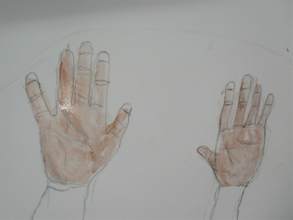 Adding some tone to a water colour painting of hands.