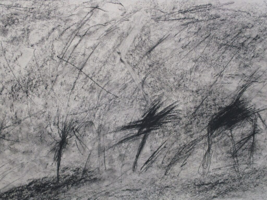 Dot and dash marks made using charcoal.