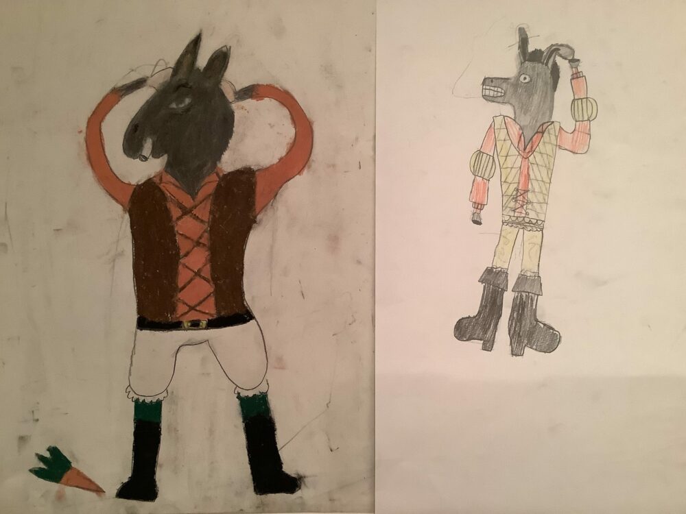 Two final costume designs for Bottom from A MIdsummer Night's Dream.