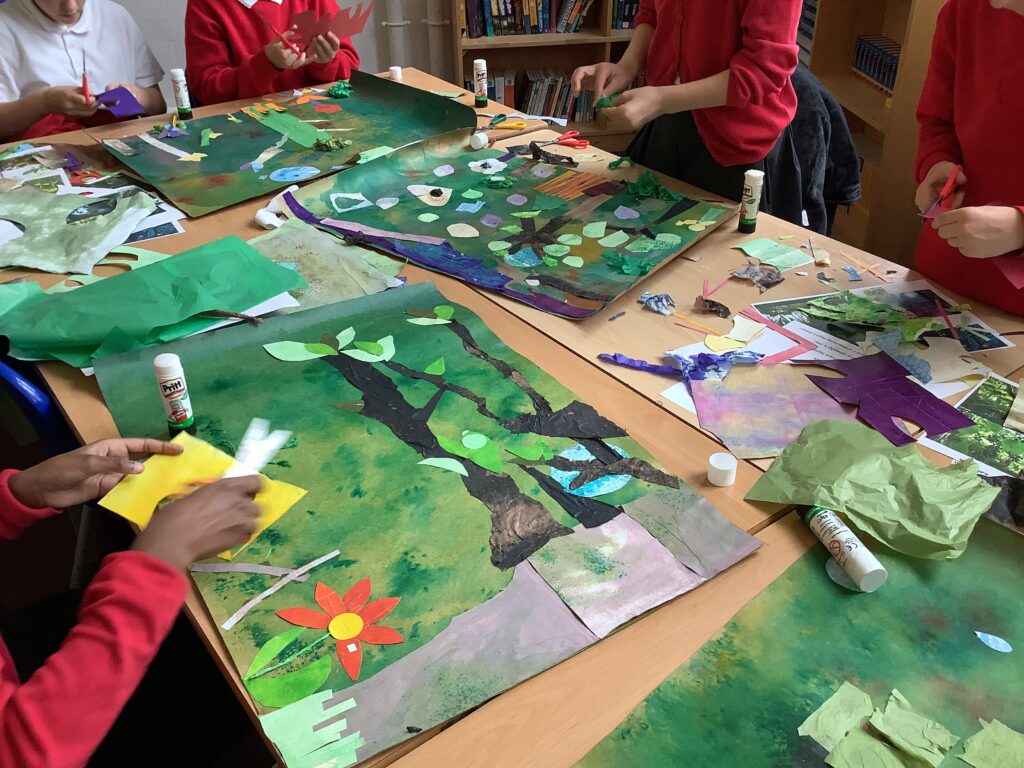 Building layers of collage to create a forest.