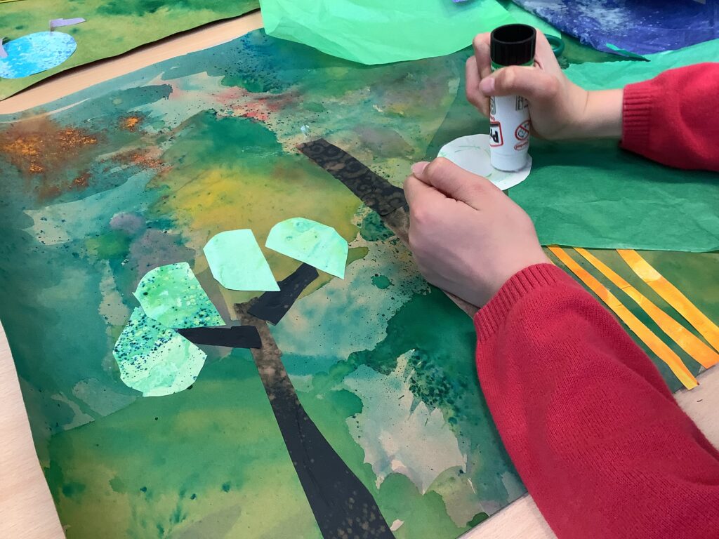 Using colour and texture to create a collage of a forest.
