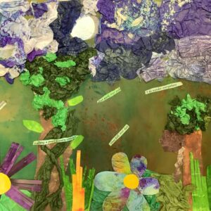 Purple flowers on a forest inspired collage