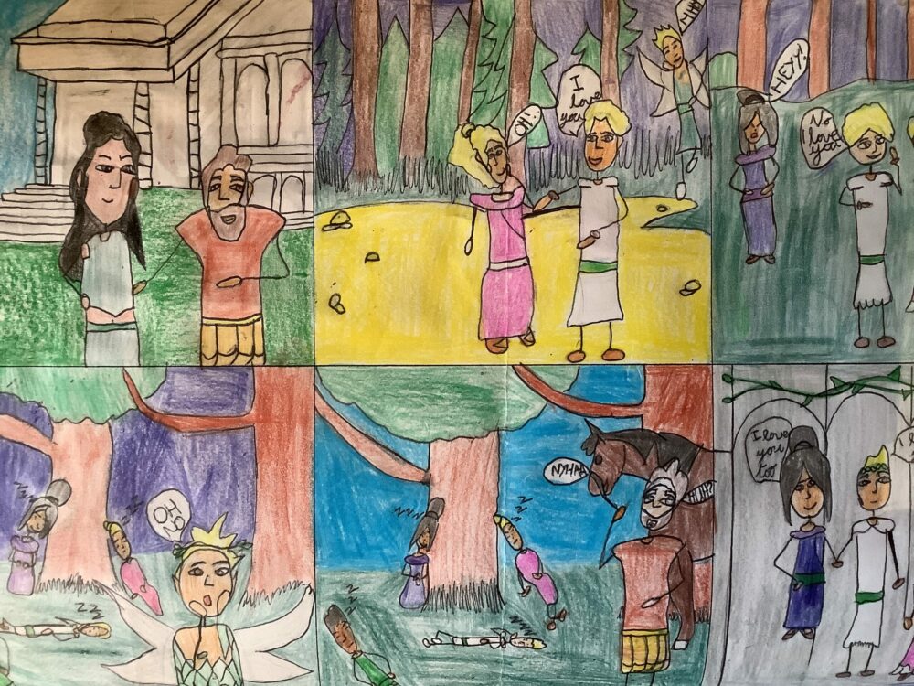 A coloured depiction of some scenes from A Midsummer Night's Dream.