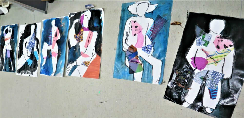 A series of large figure drawings with collage.