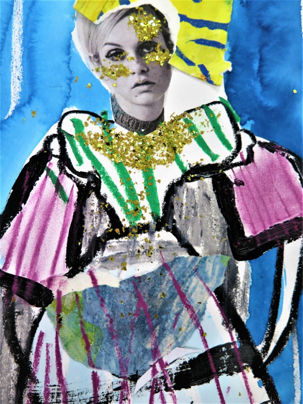 Collaged head and drawn figure.