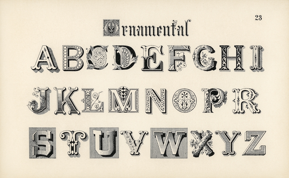 Ornamental fonts from Draughtsman's Alphabets by Hermann Esser (1845–1908). Digitally enhanced from our own 5th edition of the publication.