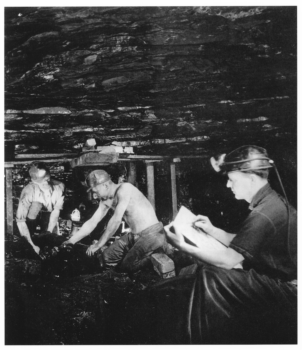 1942 Henry Moore sketching two miners at Wheldale Colliery Henry Moore Foundation archive 7 x 8'' black and white print. Photo: Reuben Saidman