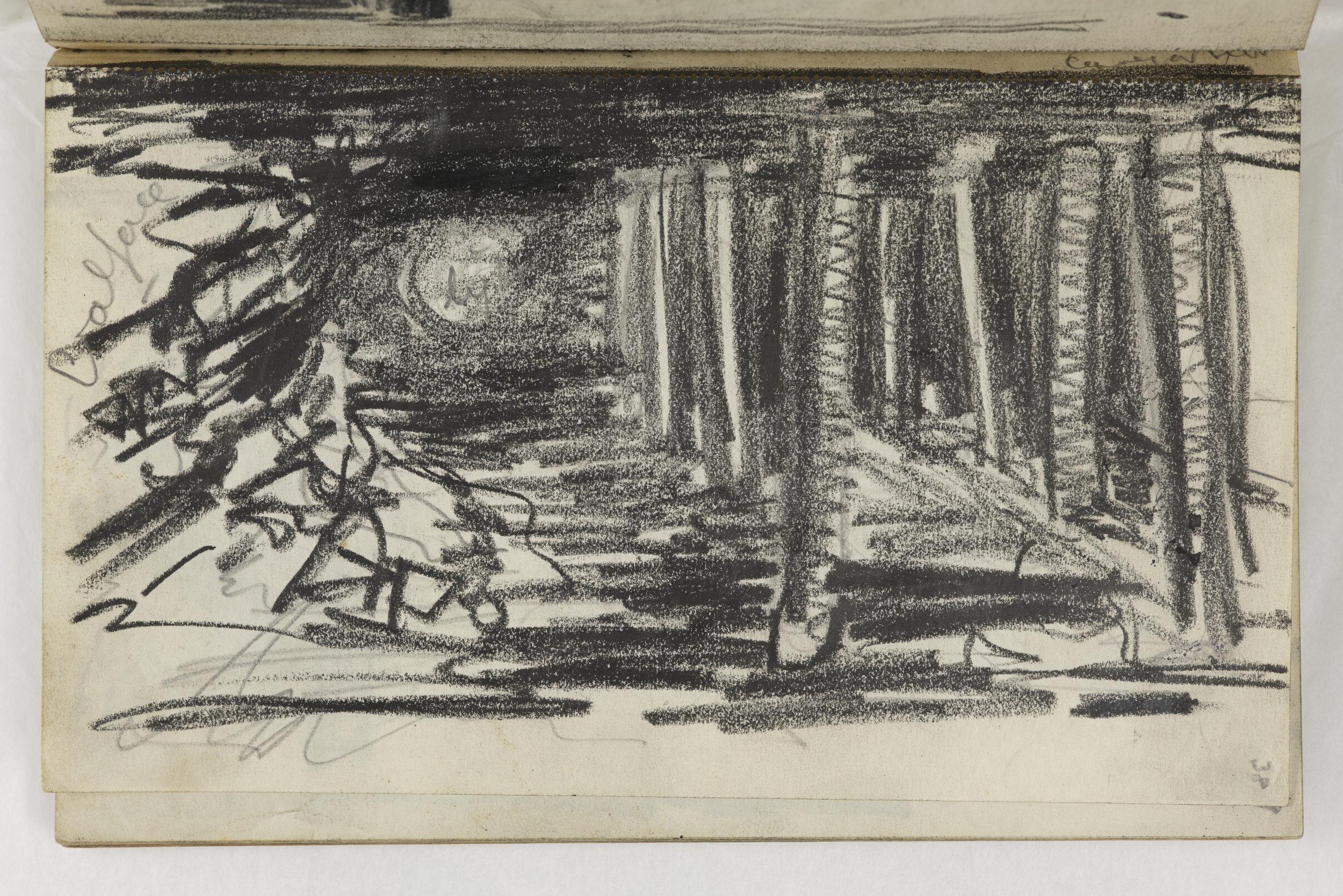 View Down Tunnel, 1941 Page 38 from Coalmining Notebook A HMF 1895 pencil, crayon 127 x 200 mm The Henry Moore Foundation: gift of the artist 1977 Photo: Nigel Moore. Reproduced by permission of The Henry Moore Foundation