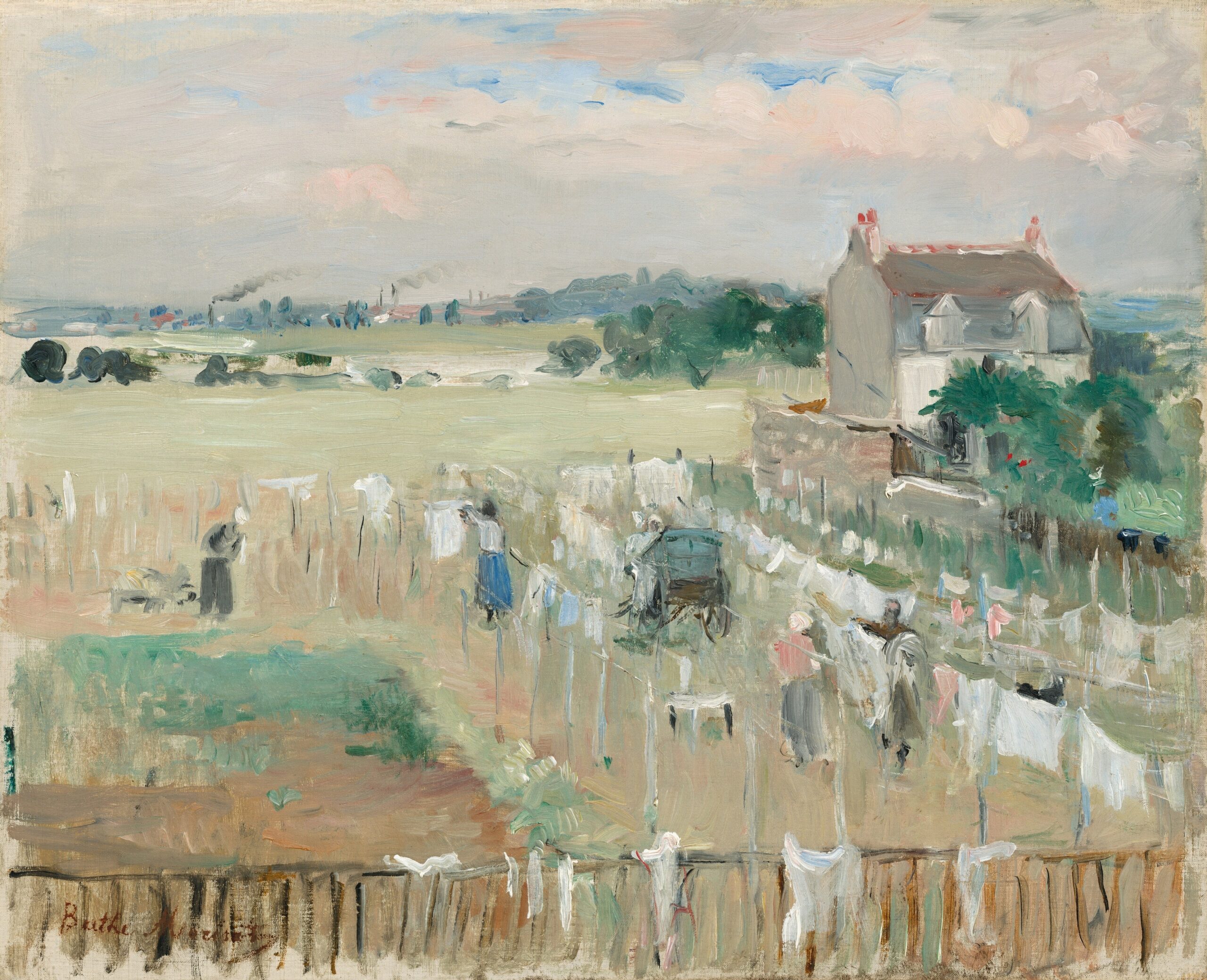 Hanging the Laundry out to Dry (1875) painting in high resolution by Berthe Morisot.