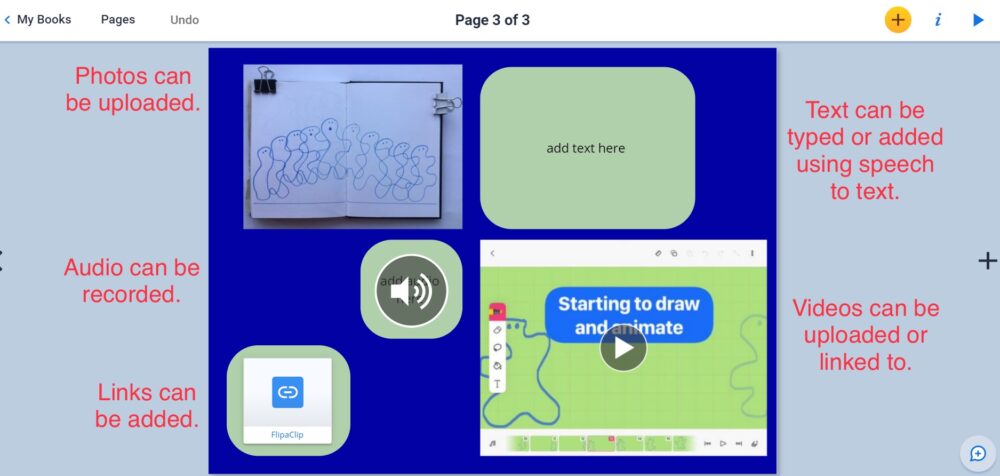 Showing what can be added to a page in Book creator.